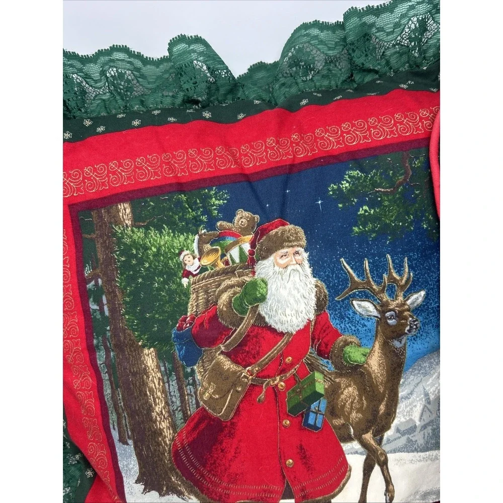 2 Vintage Old World Santa Christmas Throw Accent Pillows Two Sided Lace Ruffled